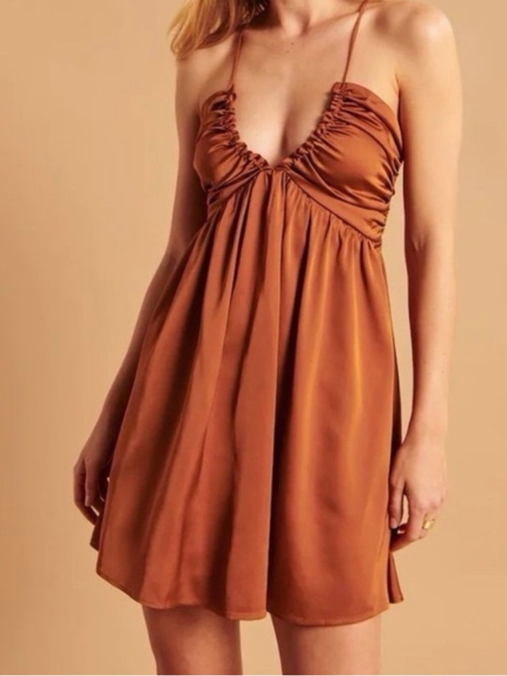 Abercrombie & Fitch Rust-Copper Satin Spaghetti-Strap Mini Dress